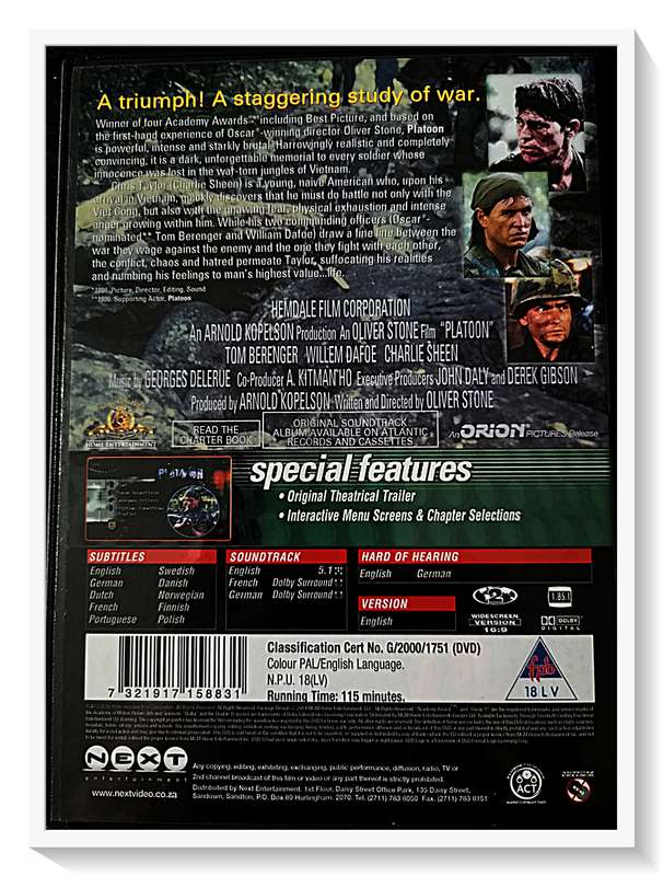 Oliver Stone's PLATOON - An Excellent Oscar Winning Film in Excellent Condition