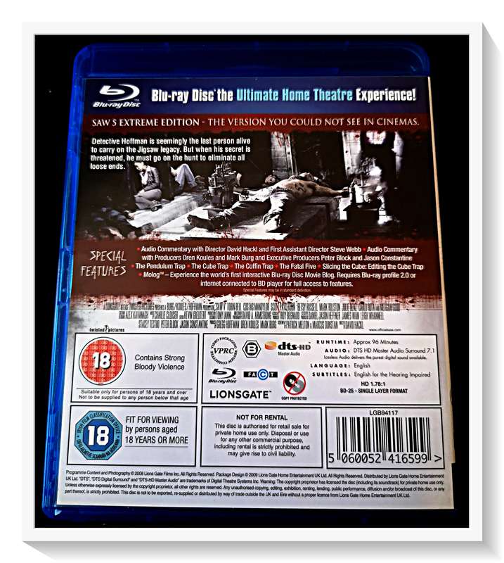 SAW V - Blu-Ray - EXTREME EDITION - PG18VHL - Disc and Casing in Excellent Condition ***