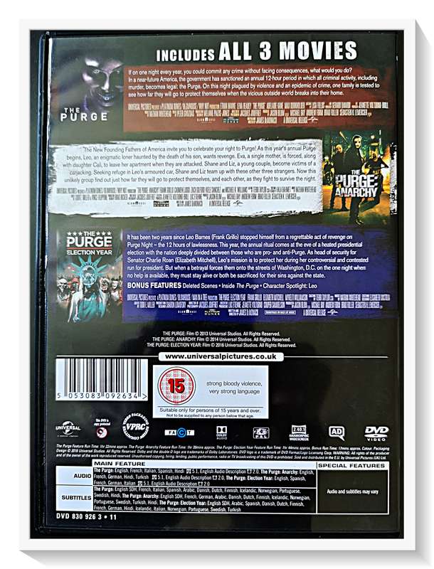 The Purge 1-3: 2-16VHL - The Terror Trilogy Collection - Condition: LIKE NEW (A+)