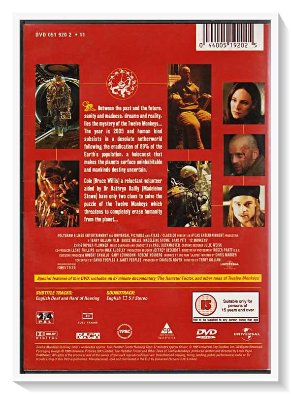 Twelve Monkeys - Cult Classic - Includes 87 Min Documentary - Disc & Casing: Condition: Very Good +