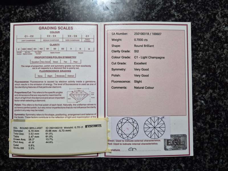 Natural Certified 0.7 carat C1 champagne diamond