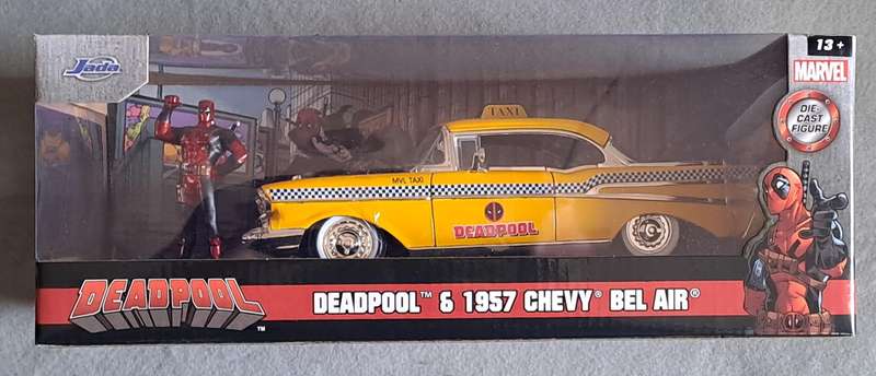 Jada 1:24 die-cast Deadpool and 1957 Chevy Bel Air taxi.