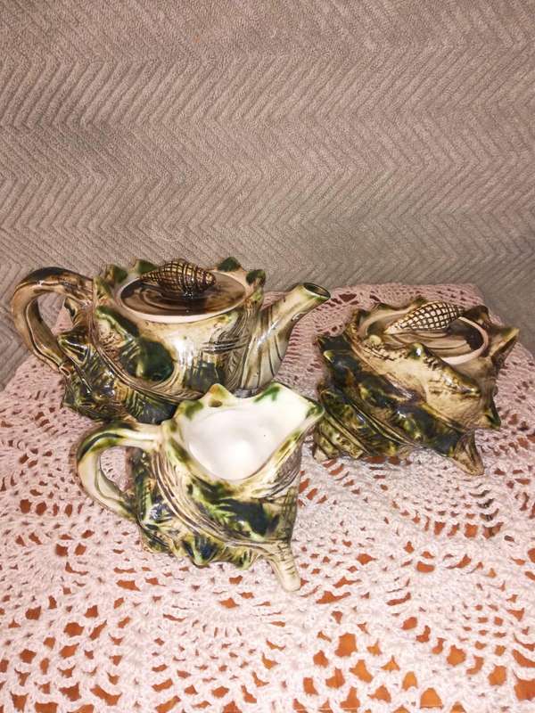 Majolica Style Green & Brown Conch Seashell tea set out of grandma's display cabinet-  Vintage -