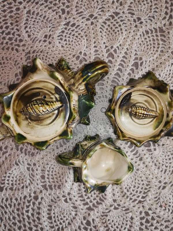 Majolica Style Green & Brown Conch Seashell tea set out of grandma's display cabinet-  Vintage -
