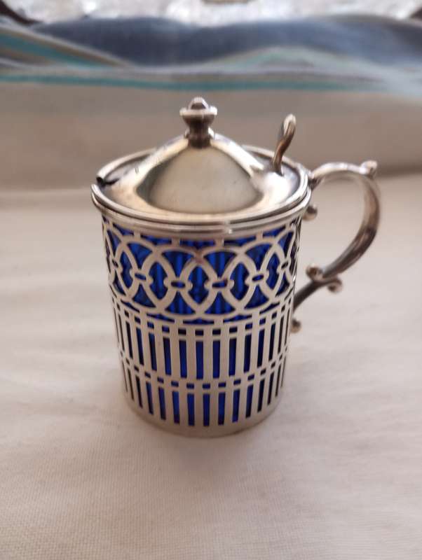 Lovely silver mustard pot , blue lined intact