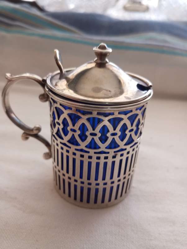 Lovely silver mustard pot , blue lined intact