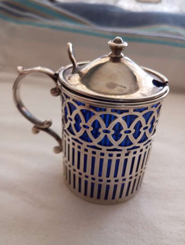 Lovely silver mustard pot , blue lined intact