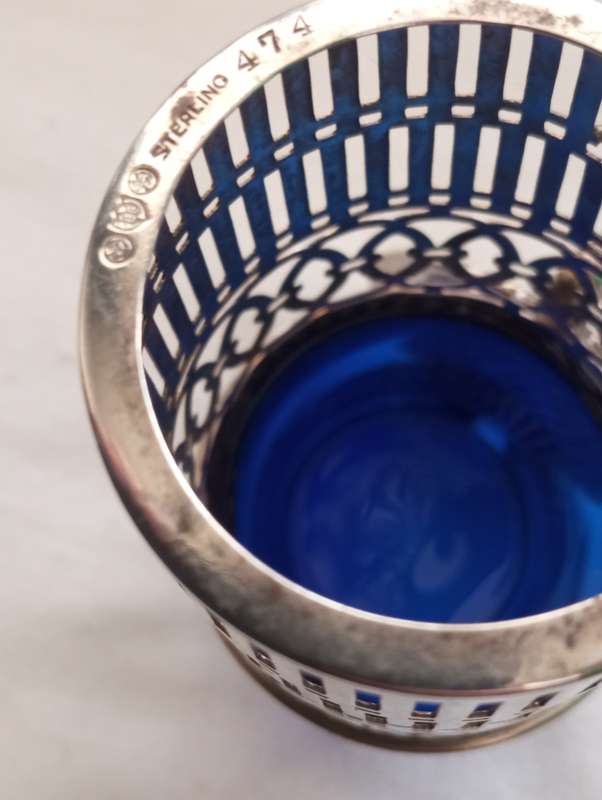 Lovely silver mustard pot , blue lined intact