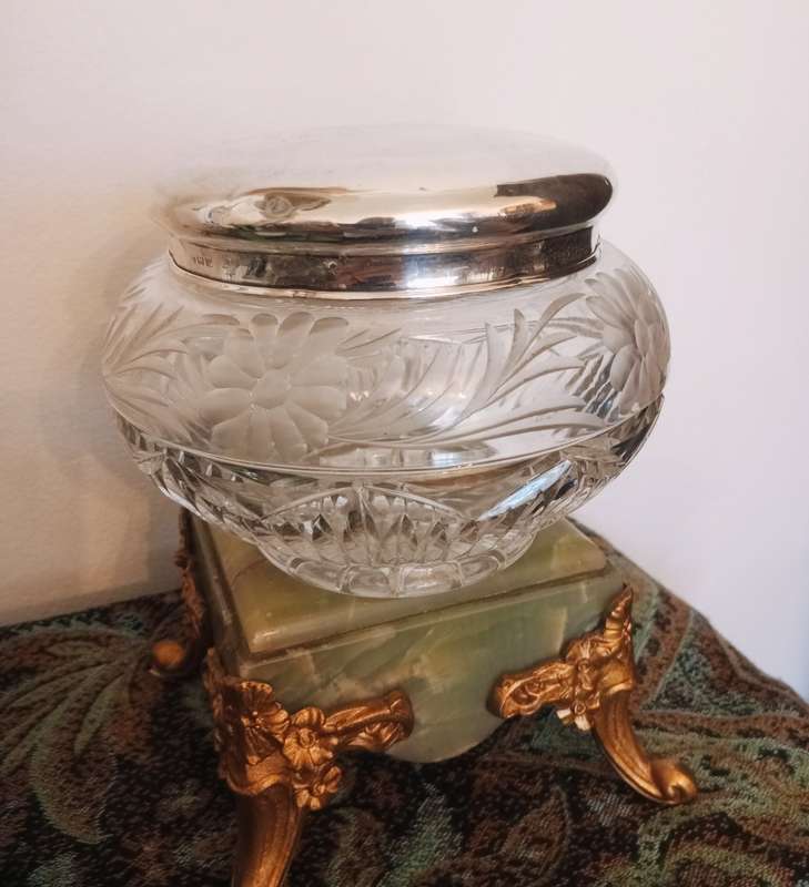 A large cut crystal bowl & sterling lid