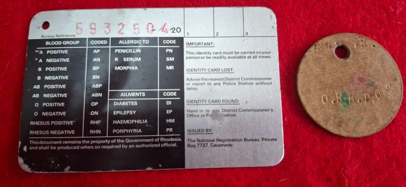RHODESIAN METAL ID CARD + DOG TAG (BSAP) - AS FOUND, PRESUMED THE SAME PERSON?     (8735)