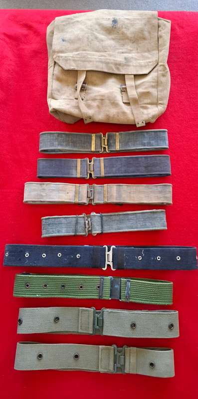 RHODESIAN USED LOT OF WEB BELTS - BRITISH P37 X 4, SA P73 X 2, + 2 UNKNOWN IN BACKPACK  (8813)