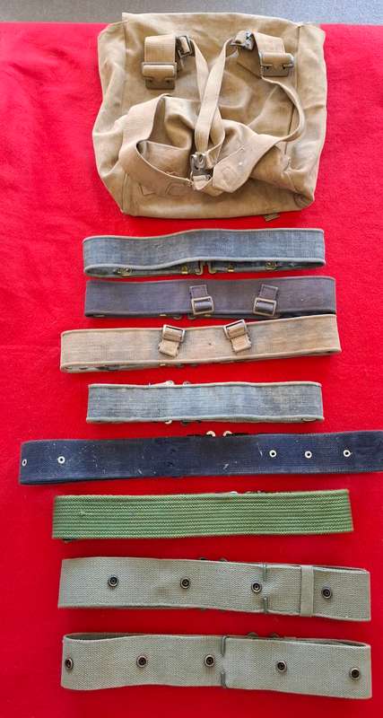 RHODESIAN USED LOT OF WEB BELTS - BRITISH P37 X 4, SA P73 X 2, + 2 UNKNOWN IN BACKPACK  (8813)