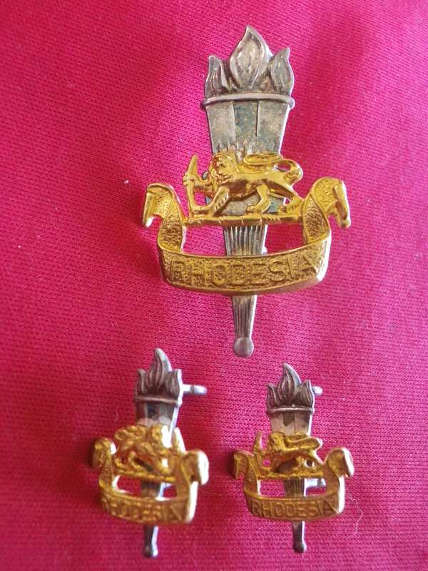 RHODESIAN EDUCATIONAL CORPS.  -  OFFICERS GILT + SILVER CAP + FACING PAIR COLLAR  BADGES (8725)