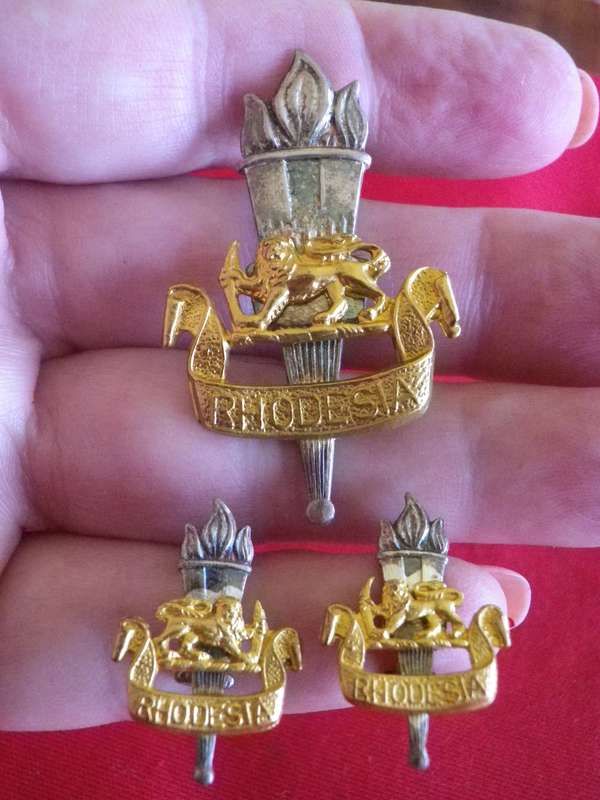 RHODESIAN EDUCATIONAL CORPS.  -  OFFICERS GILT + SILVER CAP + FACING PAIR COLLAR  BADGES (8725)