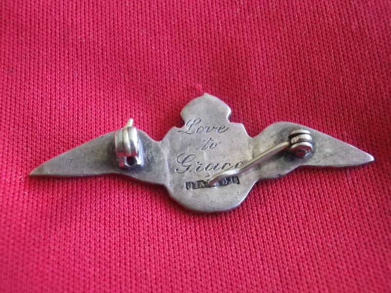 SA AIR FORCE WW2 ERA - SILVER + ENAMEL WINGS - ENGRAVED "LOVE TO GRACE" - SWEETHEART BROOCH  (129)