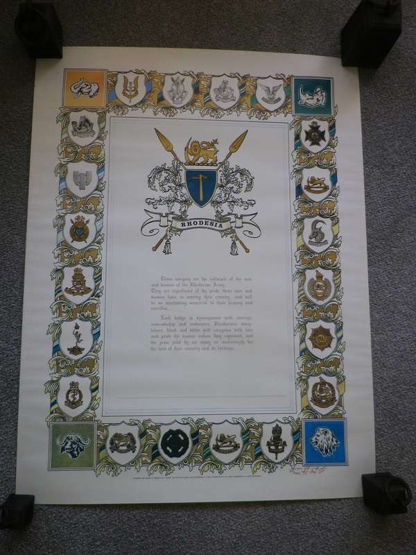 RHODESIAN ARMY - UNITS + BRIGADES ORIGINAL SIGNED POSTER  - NO 375/1000  - BY WO2 CROUS  (8956)
