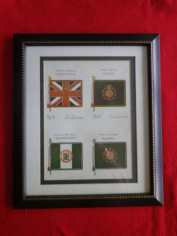 RHODESIAN LIGHT INFANTRY - FRAMED HISTORY OF UNITS COLOURS, PARADED 1963-80 SIZE 34.5 X 40.5cm (8708