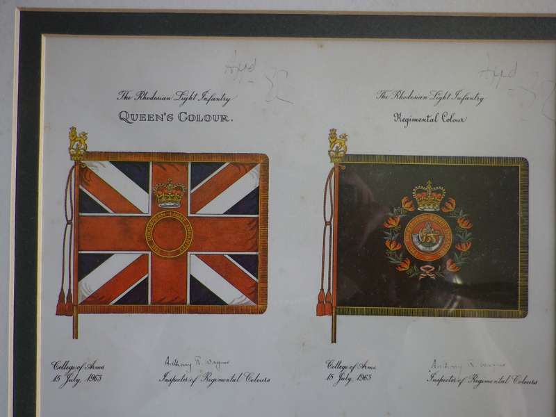 RHODESIAN LIGHT INFANTRY - FRAMED HISTORY OF UNITS COLOURS, PARADED 1963-80 SIZE 34.5 X 40.5cm (8708