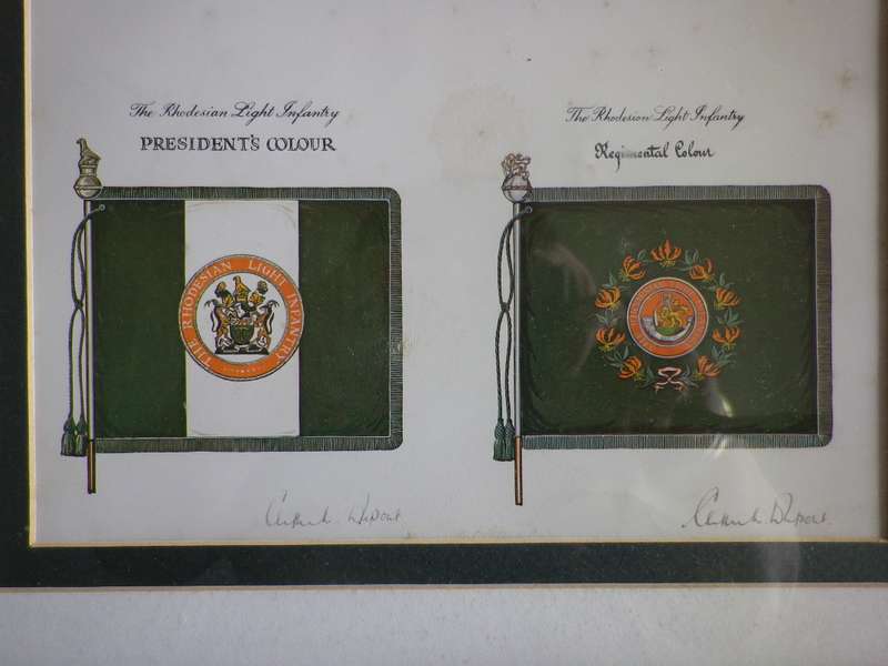 RHODESIAN LIGHT INFANTRY - FRAMED HISTORY OF UNITS COLOURS, PARADED 1963-80 SIZE 34.5 X 40.5cm (8708