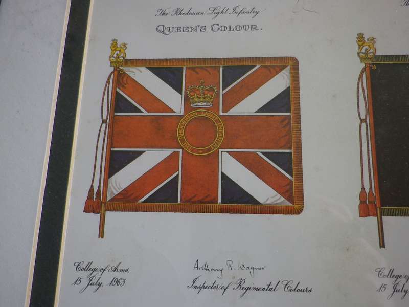 RHODESIAN LIGHT INFANTRY - FRAMED HISTORY OF UNITS COLOURS, PARADED 1963-80 SIZE 34.5 X 40.5cm (8708