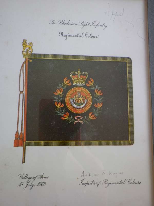 RHODESIAN LIGHT INFANTRY - FRAMED HISTORY OF UNITS COLOURS, PARADED 1963-80 SIZE 34.5 X 40.5cm (8708