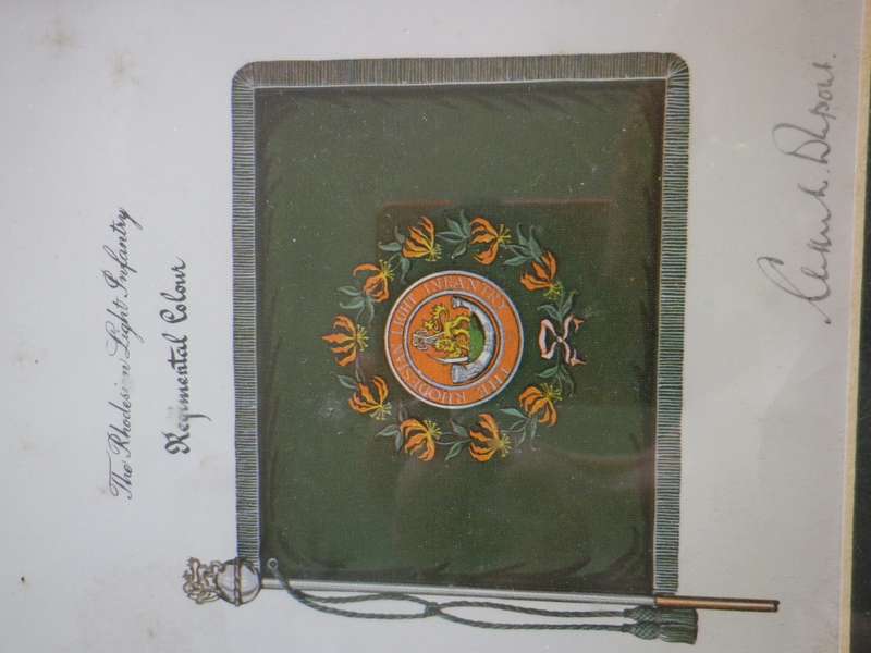 RHODESIAN LIGHT INFANTRY - FRAMED HISTORY OF UNITS COLOURS, PARADED 1963-80 SIZE 34.5 X 40.5cm (8708