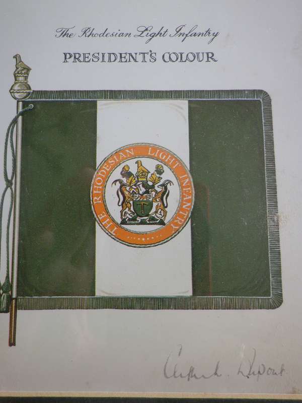 RHODESIAN LIGHT INFANTRY - FRAMED HISTORY OF UNITS COLOURS, PARADED 1963-80 SIZE 34.5 X 40.5cm (8708