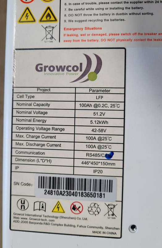 GROWCOL 5.1kWh Lithium Battery Module. Powering On. Low Battery Level
