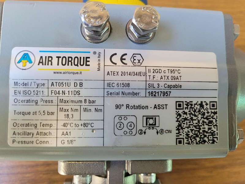 UNBOXED... 3/4" AIR TORQUE (AT051U DB) Pneumatic Actuator With Ball Valve