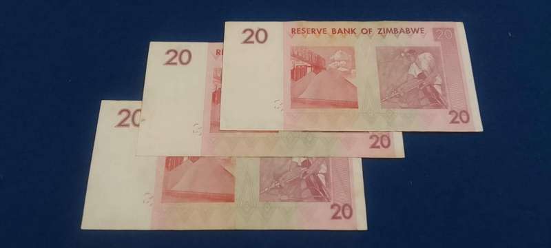 BANK OF ZIMBABWE  TWENTY DOLLARS (2007) - UNC-  3 NOTES - A-NUMBERS