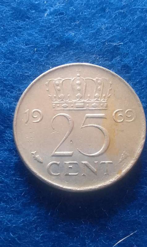 1969 NETHERLANDS 25c QUEEN JULIANA NICKEL COIN