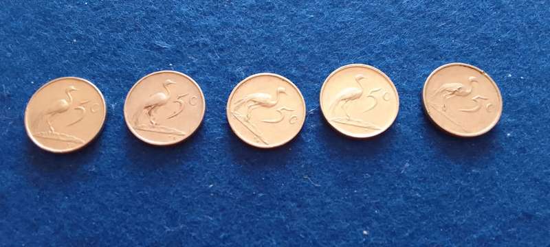 RSA Five cent nickel coins (1975/77/78/79 x 2)  circulated condition -take all