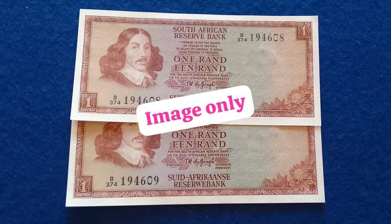 RSA ONE RAND  - TW de Jongh, (UNC/ SEQUENCED) : Consecutive Number :  2notes