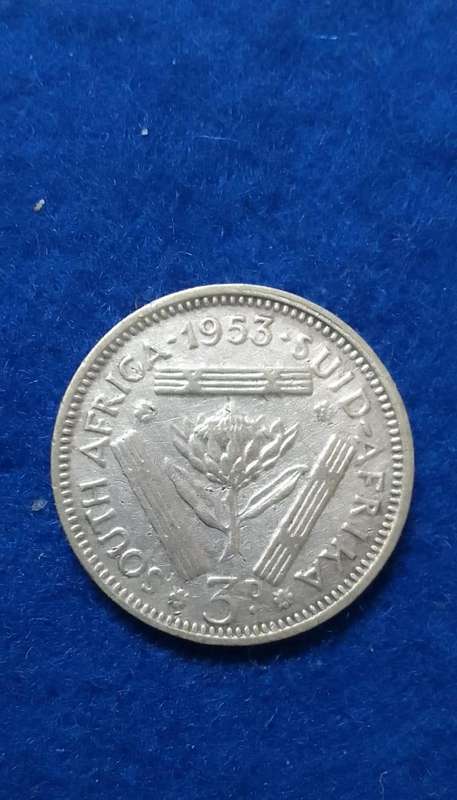 1953 South Africa Three Pence (3D) silver coin - circulated