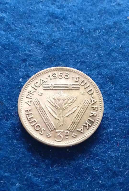1955 UNION OF SOUTH AFRICA SILVER 3 PENCE (TICKEY) (QUEEN ELIZABETH ii)