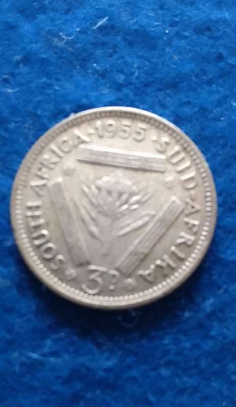 1955 UNION OF SOUTH AFRICA SILVER 3 PENCE (TICKEY) (QUEEN ELIZABETH ii)