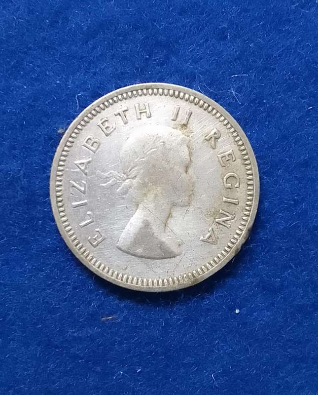1957 South Africa Three Pence (3D) silver coin - circulated