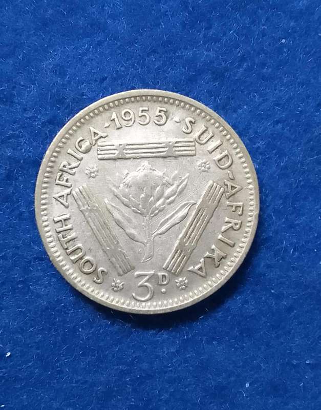 1955 South Africa Three Pence (3D) silver coin - circulated