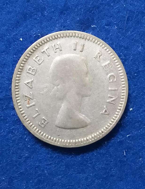 1955 South Africa Three Pence (3D) silver coin - circulated