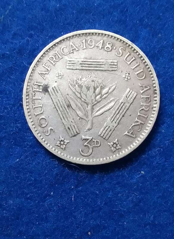 1948 South Africa Three Pence (3D) silver coin - circulated