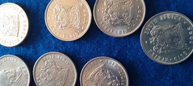 RSA Five cent nickel coins (1980-1988) sequenced- circulated