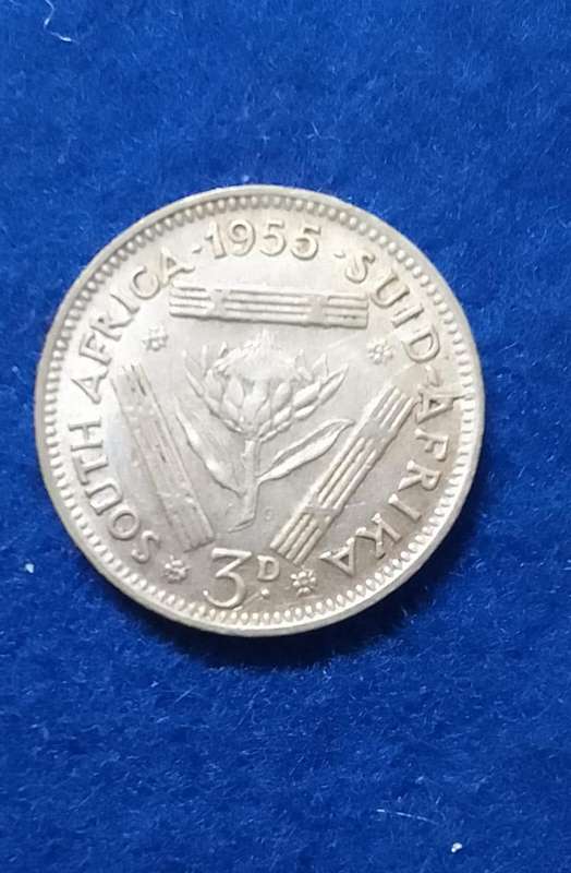 1955 South Africa Three Pence (3D) silver coin - circulated