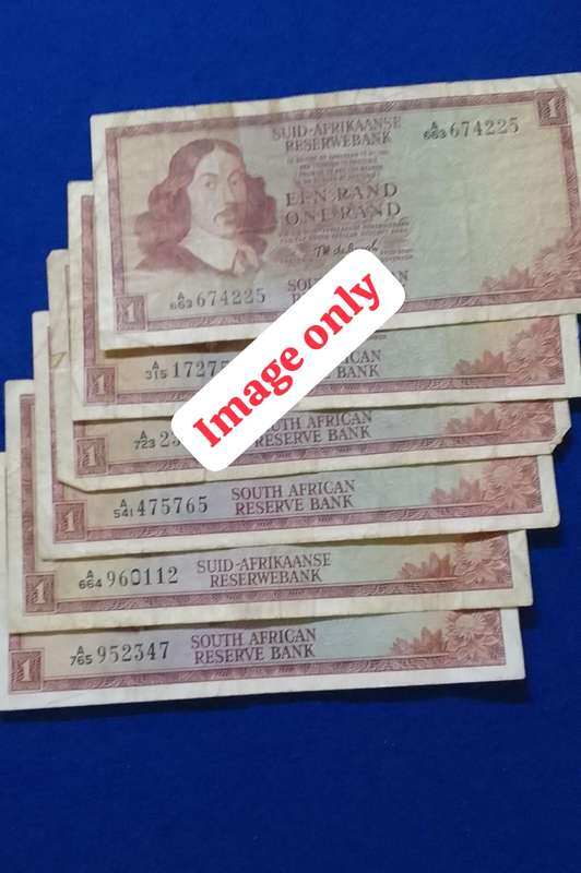 One Rand TW De Jongh banknotes (6 notes) A-numbers