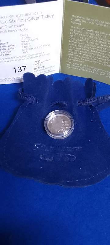 SILVER SALE- 2017 HEART TRANSPLANT TWO AND A HALF CENT TICKEY PROOF COIN SA MINT VELVET POUCH + CERT