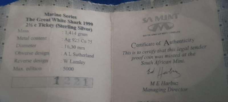 SILVER SALE- 1999 GREAT WHITE SHARK two and a half cen TICKEY PROOF COIN SA MINT VELVET POUCH + CERT