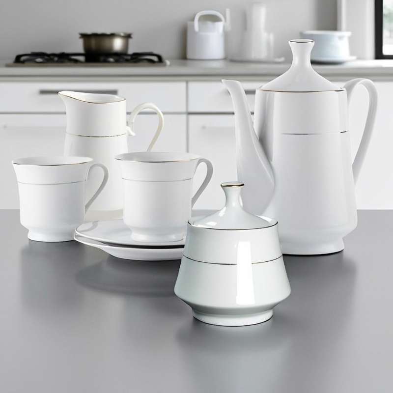 17 Piece Vintage-Style Porcelain Classic White Rim Gold Line Tea Set
