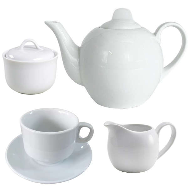 13-Piece White Ceramic Teapot, Creamer pot, Sugar pot, Cups and Saucers