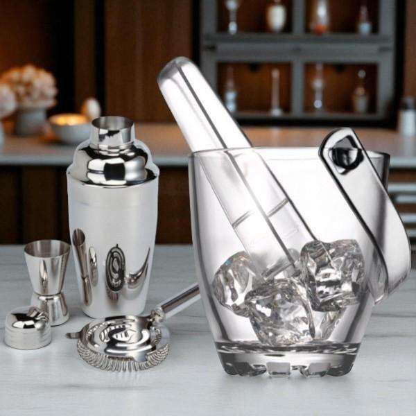 3 Piece Compact Stainless Steel Bar Cocktail Set + Portable Glass Ice Bucket with Handle and Tong