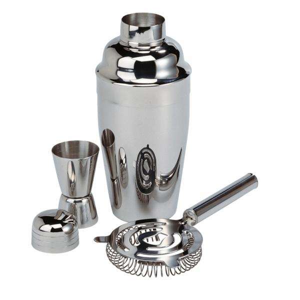 3 Piece Compact Stainless Steel Bar Cocktail Set + Portable Glass Ice Bucket with Handle and Tong