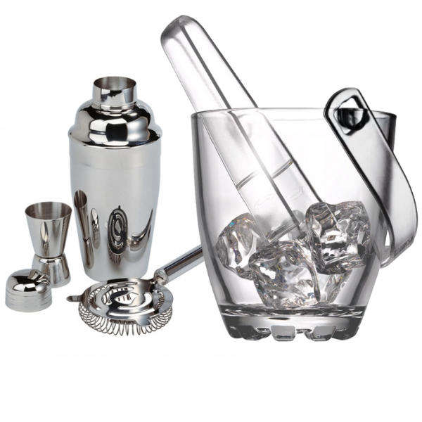 3 Piece Compact Stainless Steel Bar Cocktail Set + Portable Glass Ice Bucket with Handle and Tong